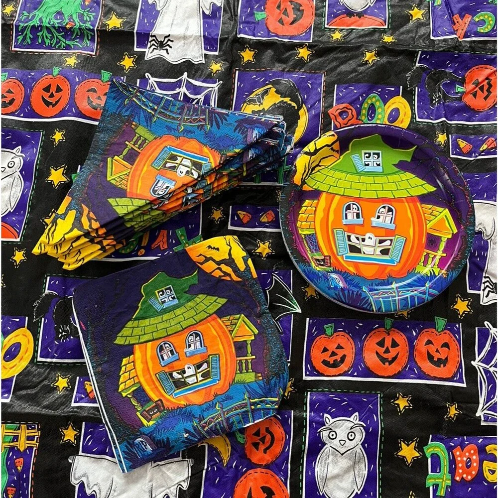 VTG Halloween Pumpkin Ghost Bat Spider Owl Tablecloth 17 Napkins 12 Plates Set